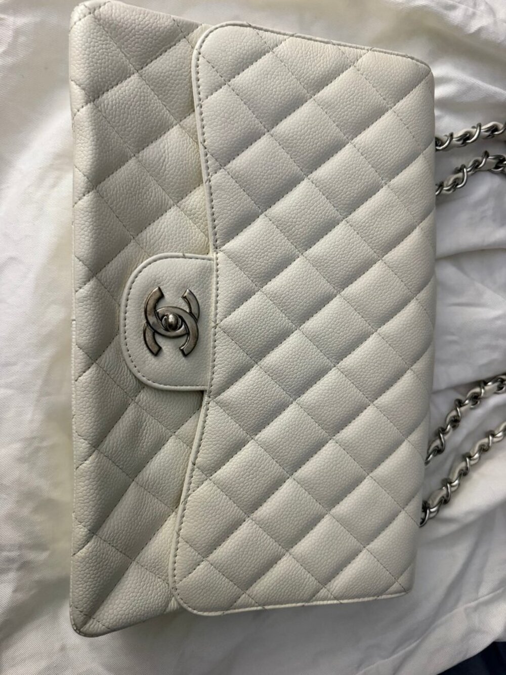 CHANEL Classic Flap Medium White Quilted Caviar Silver Hardware